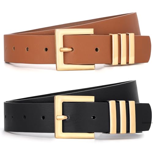 WHIPPY 2 Pack Women's Leather Belts Fashion Square Gold Buckle Ladies Belt for Jeans Pants Dress