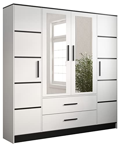 Armoire à Portes battantes Malta 201 Armoire penderie, Armoire avec 4 Portes, 2 tiroirs et Miroir, Design Moderne (Blanc Mat + Noir Mat)