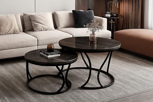 Image of Round End Table Set of Two Coffee Tables with Engineered Wood Top and Metal Frame, Contemporary Accent Side Table for Office, Bedroom, or Living Room Full Black