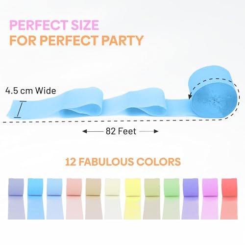 Image of 12 Pastel Crepe Paper Streamers, 656ft Pack of Party Decorations | Each roll is 82 ft long and 1.8 Inch wide ideal for Birthday Party Decor, Baby showers and Easter Celebrations