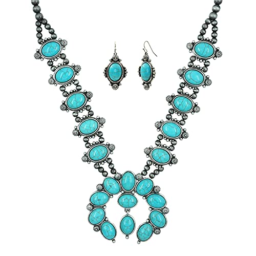 Collar de perlas Navajo de imitación de flor de calabaza de Naja de piedra turquesa y pendientes de gancho francés