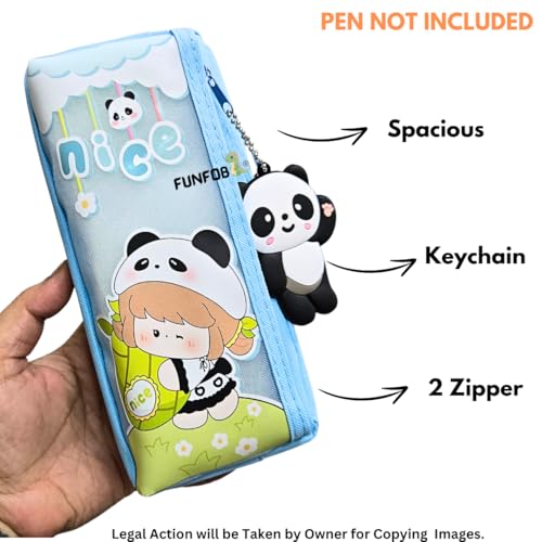 Image of Funfob Panda Pencil Pouch for School College for Pen Pencil Panda Pencil Box Travel or Cosmetic Case | Panda Pouch Keychain Blue