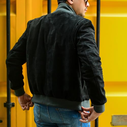 Image of Jild Varsity Style Leather Bomber Jacket Men - Casual Fashion Real Suede Classic MA-1 Leather Jacket Men