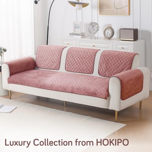 Image of HOKIPO Premium Velvety Quilted Sofa Armrest Covers (Pack of 2)- Anti-Slip, Washable Arm Cover, 'Softline Quilted Series' | Dusty Rosepink (AR-6321-PNK*2)