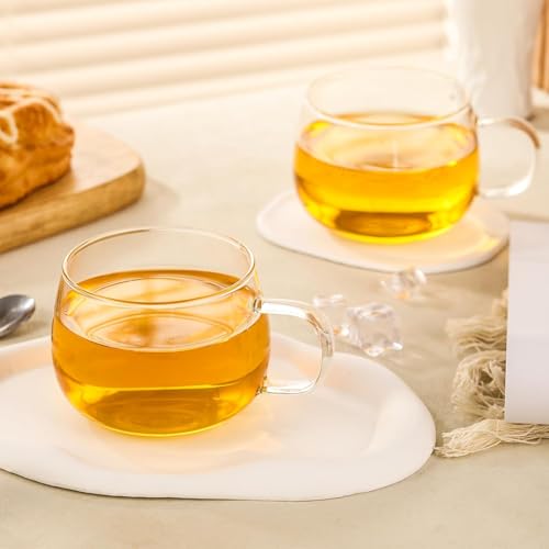 Image of PrimeWorld Glass Tea Cups Set of 2, 360ml | Clear Borosilicate Glass Teacups with Handle for Tea Lovers | Dishwasher & Microwave Safe Large Coffee Mugs for Espresso, Cappuccino, Latte & Juice