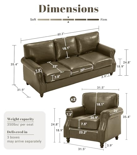 Image of Kingfun 3 Seater Sofa, Mid-Century Modern Faux Leather Couch Set for Living Room, Darkcoffee with Rolled Arms & Nailhead Trim, Easy Assembly, Olive Green