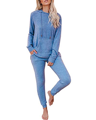 Eurivicy Women's 2 Piece Sweatsuit Set Knit Solid Long Sleeve Hooded Pullover and Pocketed Sweatpants Joggers Outfits Sets Blue