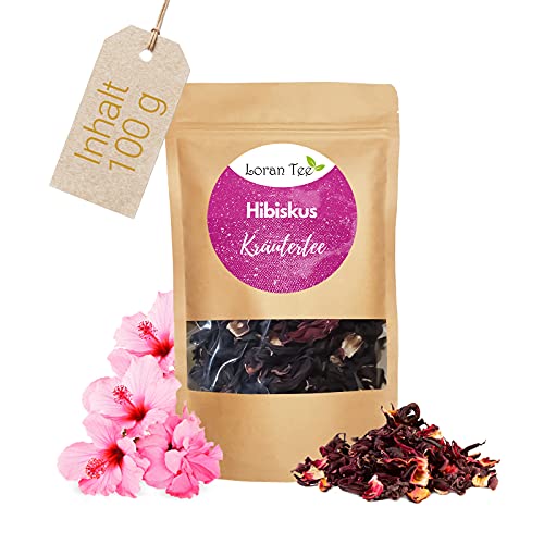 Loran Tee Kräutertee Hibiskus Blüten 100g, Premiumqualität, Hibiskusblüten getrocknet für Tee, Eistee, Karkade Tee, Detox Kur Cover