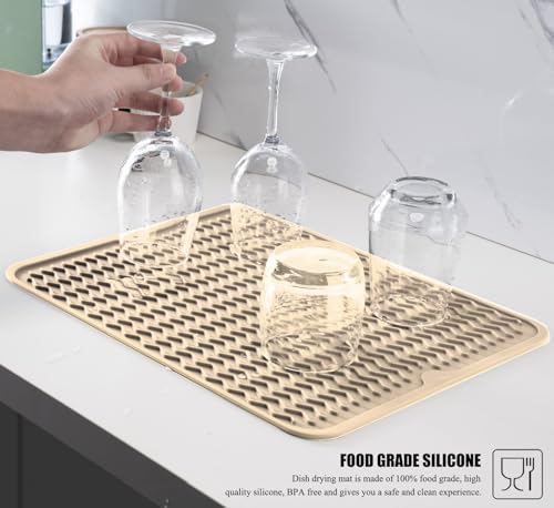 Image of Silicone Dish Drying Mat for Multiple Usage, Easy clean, Eco-friendly, Heat-resistant Dish Drainer Mat for Kitchen Counter,Sink,Refrigerator or Drawer liner (16 inch x 12 inch, BEIGE)