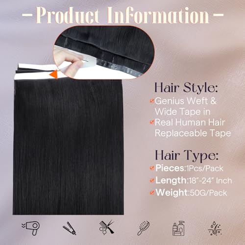 Image of Full Shine Tape in Weft Hair Extensions, Jet Black 18 Inch