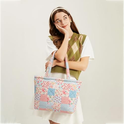 Floral Quilted Cotton Shoulder Bag for Women Daily Use Medium Size Handbag Large Capacity Thickened Design Tote3