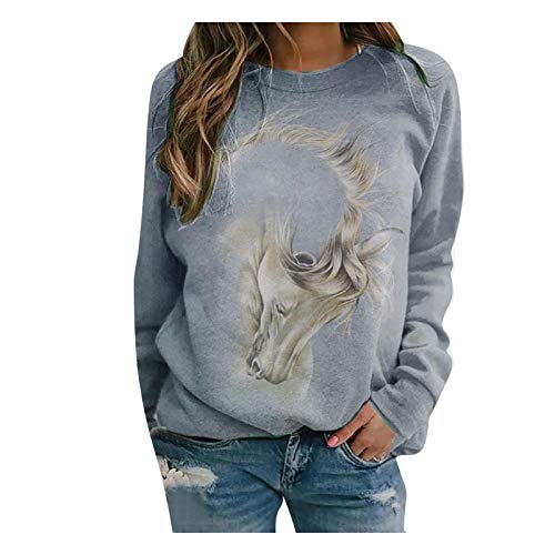 LULUZ - Sudadera de manga larga para mujer, diseño de caballos, dibujos animados, impresión 3D, camiseta de manga larga, para tiempo libre, cuello redondo, blusa, otoño, bloque de color, B – gris., M