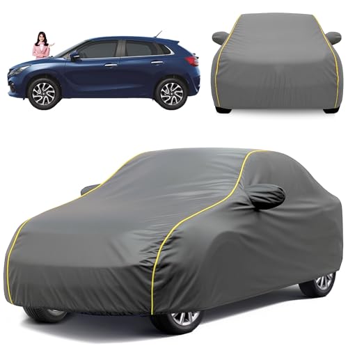 Image of Car Cover for Maruti Baleno All Model & Years (2015-2025) 100% Waterproof with Mirror & Antenna Pocket Triple Stitched Bottom Elastic Dustproof Full Body Protection Heat & UV Resistant- Grey