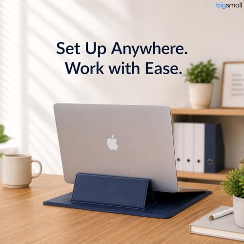 Image of Bigsmall Elevate Pro 14 Inch PU Leather Laptop Sleeve with Adjustable Stand, Compatible with MacBook Air /Pro 14 inch, iPad Pro 13 inch, Dell, HP, ASUS & Other 14-Inch Laptops, Magnetic Closure - Navy Blue