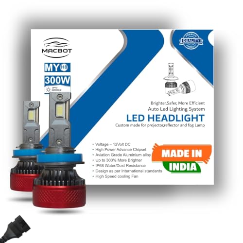 Image of MACBOT H8 /H11 /H16 Type Yellow LED Bulb 300 Watt MY-H8, with 2-Year Replacement Warranty - Made in India for Cars (150 Watt Each Bulb) Bright Warm White Light, Easy Installation