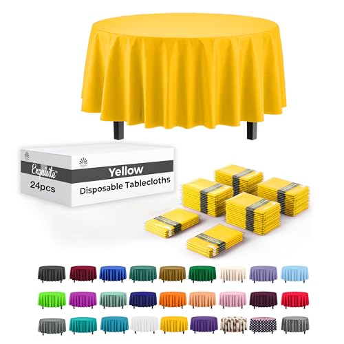 Image of Party Solids Yellow Round Plastic Tablecloth - 84 Inch, Pack of 24