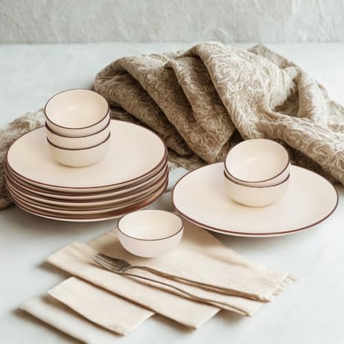 Image of Freakway Handcrafted Ivory White Stoneware Pack of 12 Pieces Ceramic Dinner Set 6 | Crockery Set for Dining Table | Glossy Finish | 6 Dinner Plates & 6 Bowl /katori | Microwave & Dishwasher Safe