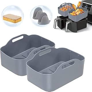 2022 Upgraded 2PCS Silicone Pot + 2PCS Gloves for Ninjas Dual Air Fryer, Silicone Air Fryer Liners Air Fryer Basket, Air Fryer Accessories for Oven, Microwave