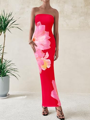 Image of PRETTYGARDEN Women Summer Strapless Maxi Dress Bodycon Floral Sexy Long Wedding Guest Dress Formal Tube Mesh Cocktail Dresses