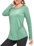 Wayleb Womens Long Sleeve Shirt with Mesh Lines Crewneck Running Gym Tshirt Activewear Casual Soft Breathable Yoga Tops Light Green S-3XL