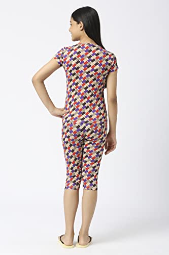 Image of SINI MINI Round Neck with Half Sleeve Top & Capri Beige Girls Casual Pack of 1 Night Suit Set