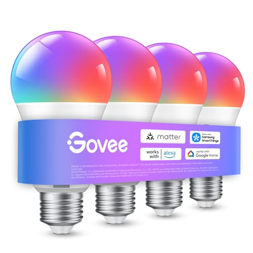 Govee Lampadina LED E27 Intelligenti WiFi e Bluetooth, Compatibile con SmartThings, Matter, Alexa e Google Assistant, 800lm, 16 Milioni di Colori RGBWW fai da te, Lampadina Smart, Set di 4