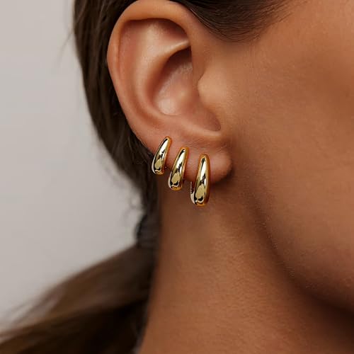 JUANKIKI 14K Gold Plated Hoop Earrings Set 3Pairs for Women Chunky Earring Hypoallergenic Small Huggie Hoops Lightweight Tiny Thick Trendy Hoop Earrings Stacks for Multiple Piercing - image 4