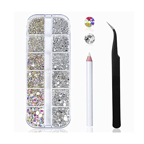 Piedras de Strass de 1400 piezas, Gemas de espalda plana de 6 tamaños, cristal de diamantes de imitación AB y para uñas/ropa, con pinzas de recogida y punteador de diamantes de imitación