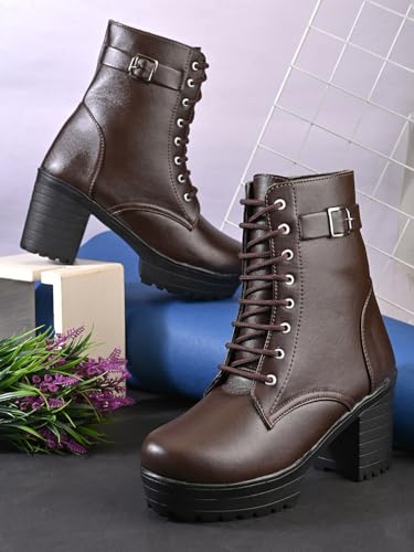 Image of XE Looks 100% Vegan Leather Women's Lace-Up Chunky Heel Ankle Boots with Buckle Detail | Trendy, Lightweight, Stylish, Comfortable and Soft, Trendy Heel Boots for Girls & Women