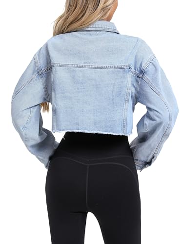 Women's Cropped Denim Jacket, Button Down Long Sleeve Frayed Loose Oversized Jean Jacket Coat4