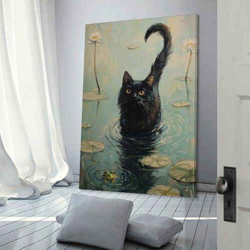 Chat noir dans l'étang tableau sur toile idée cadeau originale maison