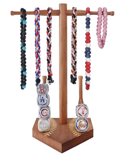 NEXIULT Wooden Baseball & Softball Drip Necklace Organizer Holder Championship Ring Display Sports Ring Holder with Necklace Storage Softball Baseball Gift for Players (Brown)