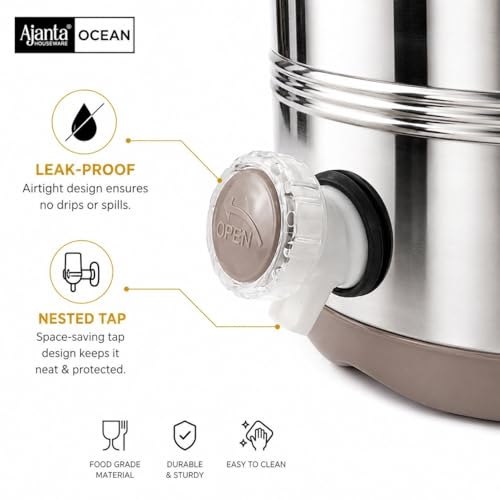 Image of Ajanta Ocean8 Stainless Steel Water Cooler, Water Dispenser Hot & Cold, Thermosteel, PU Insulated, Portable, Travel Friendly, Water Jug for Offices, Shops, Picnics (Ivory Brown, 5 litres)