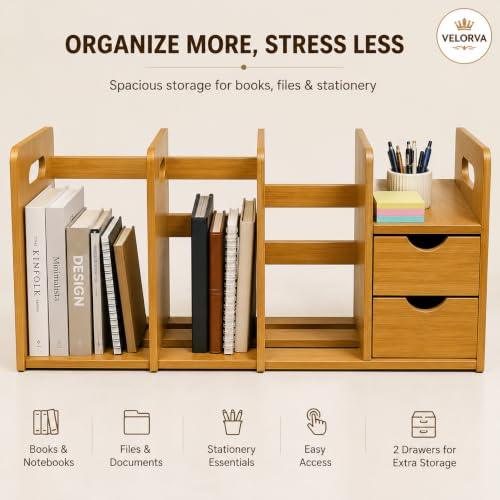 Image of Expandable Wooden Desk Organizer with 2 Drawers Adjustable Desktop Bookshelf Office Desk Storage Rack Study Table File Holder Stationery Organizer Engineered Wood Brown