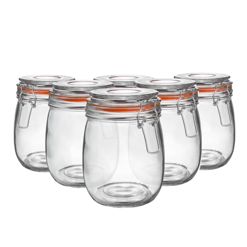 Image of Argon Tableware Glass Jars with Airtight Metal Clip Lid - 750ml/26.4oz - 6 Pack - 4 Colour Seals - Kitchen Container Round Preserving Jar for Pickling, Chutney, Jam, Coffee