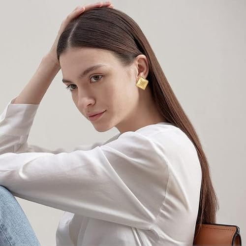 Classyzint Square Clip On Earring For Women Matte Gold Plated Hammered Brass Metal Statement Stud Earrings #TOP1