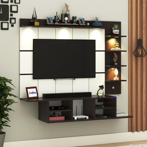 Image of Anikaa Charley Engineered Wood Wall Mount Striped PVC Back Panel TV Unit with Spot LED Lights | TV Cabinet with Open Storage Box (Wenge) | Ideal for UP to 43 Inch TVs - DIY Installation