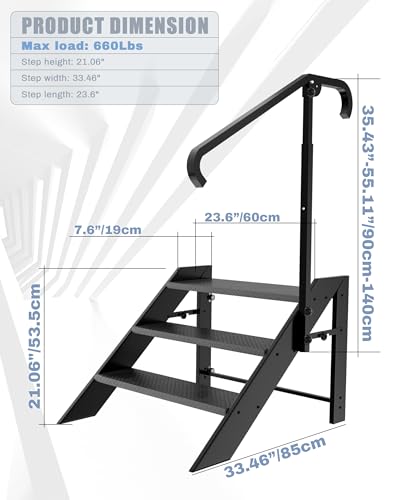 Image of 3 Step Stool Foldable,Step Ladder Folding,RV Steps with Height Adjustable Handrail and Non Slip Feets, Hot Tub Steps for Home, Travel Trailer, Camper, Mobile Home, Spa, and Porch