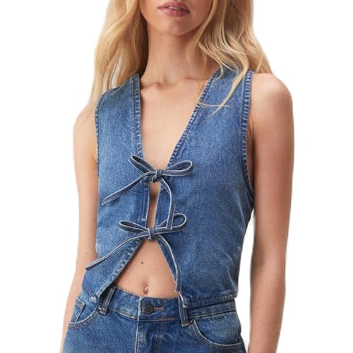 Women Sexy Tie Up Front Denim Vest Y2K Vintage Sleeveless Jean Tank Top Casual Fashion Cute Denim Tops Streetwear
