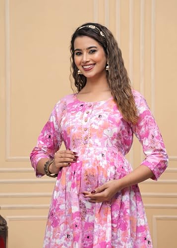 Image of JAIPURFAME Stylish Women's Pure Cotton All Over Printed Kurti Gown, Maternity Dress, and Feeding Dress - Comfortable and Elegant Maternity Wear for Women Baby Pink