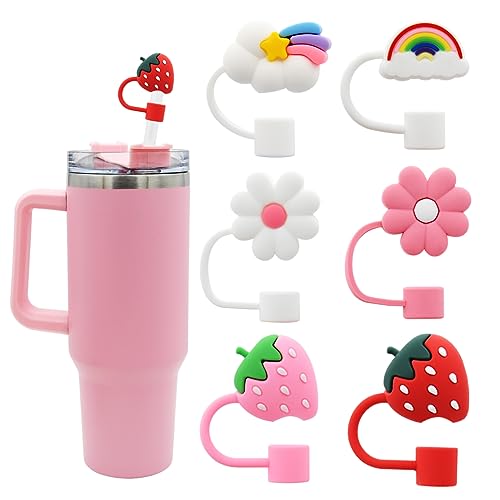 Image of Flower Straw Cover Cap for Stanley Cup Silicone Straw Topper Compatible with 30 and 40 Oz Tumbler with Handle,Straw Tip Covers 10 mm 0.4 in for Straw Tip Covers (6pcs Rainbow Flower Strawberry)
