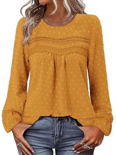 BETTE BOUTIK Womens Boho Fall Long Sleeve Shirts Crewneck Dressy Casual Blouses Trendy Flowy Tops