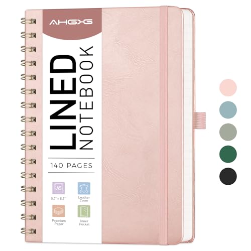 AHGXG Lined Spiral Notebook Journal for Women, Hardcover Leather Notebook College Ruled 140 Pages, A5 5.7
