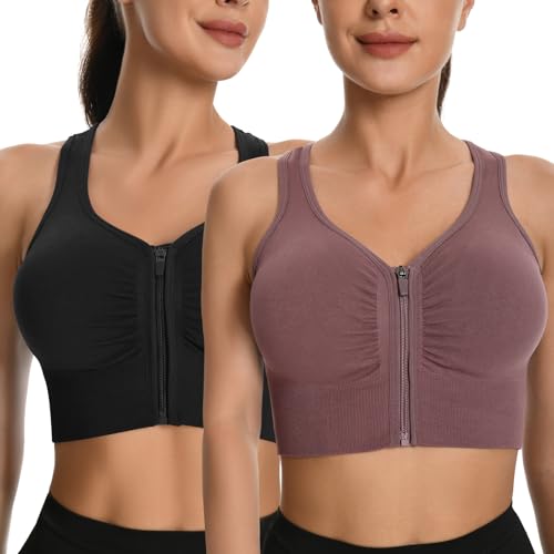 2 Pack Sports Bras for Women Zip Front Closure Yoga Bra Seamless Wirefree Padded High Impact Running Gym Workout Bras4
