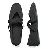 CELNEPHO Black Flats for Women Square Toe Ballet Flats Cross Strap Comfortable Arch Support Dressy Knit Flats for Women Mary Jane Flats Slip On Washable Casual Office Shoes