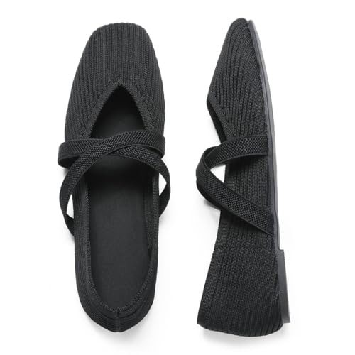 CELNEPHO Flats for Women Square Toe Ballet Flats Cross Strap Comfortable Arch Support Dressy Knit Flats for Women Mary Jane Flats Slip On Washable Casual Office Shoes