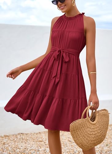 Okiwam Womens Summer Halter Dresses Sleeveless A Line Tiered Swing Mini 2025 Fall Casual Boho Beach Vacation Sundress