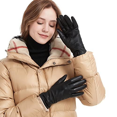 Womens Winter Leather Touchscreen Texting Warm Driving Lambskin Pure Genuine Leather Gloves Black Medium #TOP1