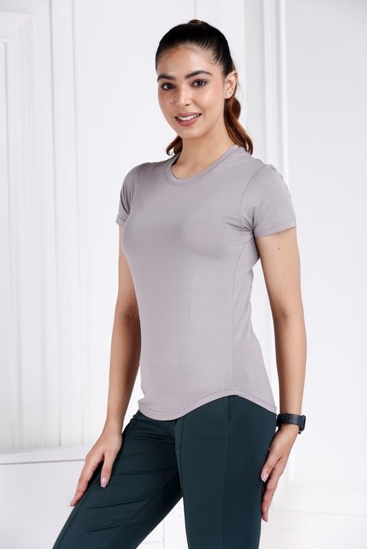 Image of Mlada Luxury Athleisure T Shirt Polyester Stretch Knit T-Shirt Full Length Moisture Wicking, Breathability, Compression for Gym, Workout and On-The-Move for Women