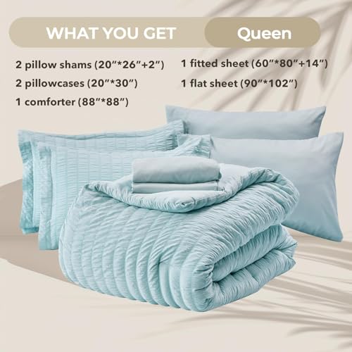 Image of HYMOKEGE Lake Blue Queen Comforter Set Seersucker 7 Pieces, All Season Luxury Bed in a Bag for Bedroom, Bedding Set with Comforters, Sheets, Pillowcases & Shams